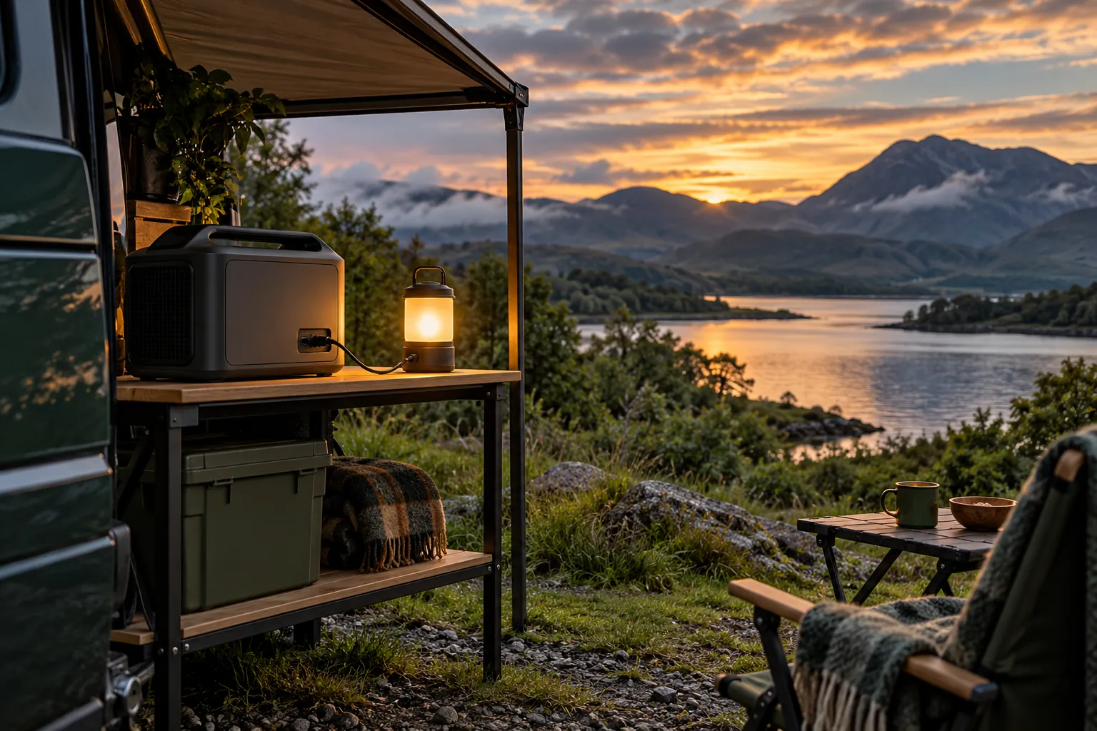 An unbranded portable power station on a raised shelf under a dry awning beside a campervan, powering a battery lamp at dusk above a Scottish loch
