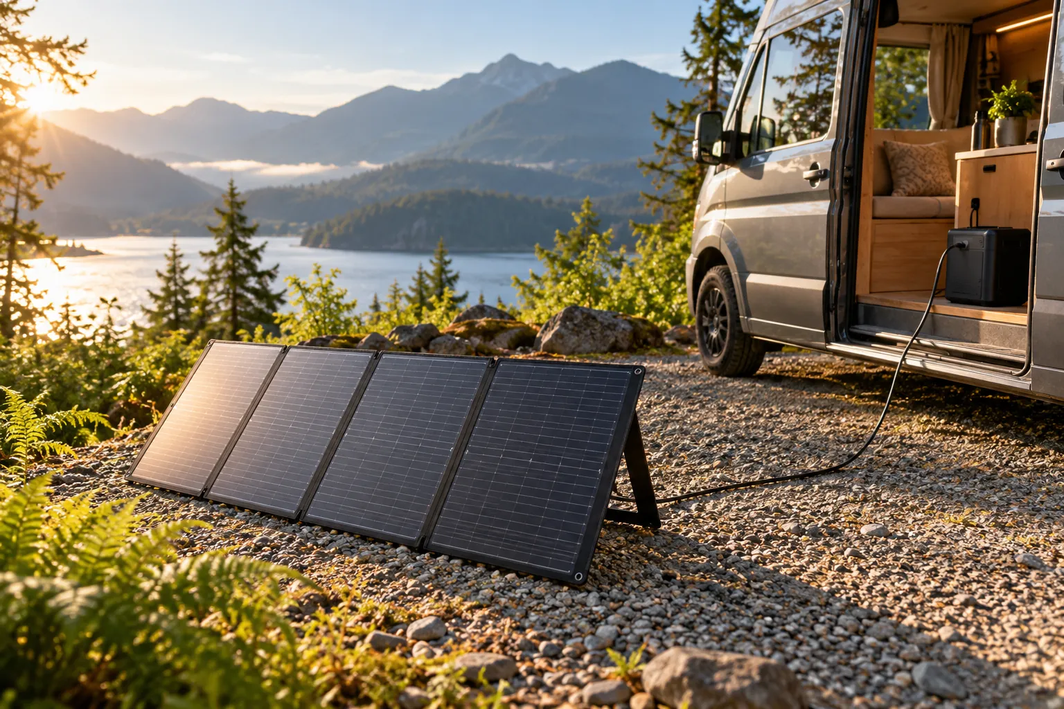 A folding solar panel on dry gravel in morning sun, with a cable running to a power station inside a campervan