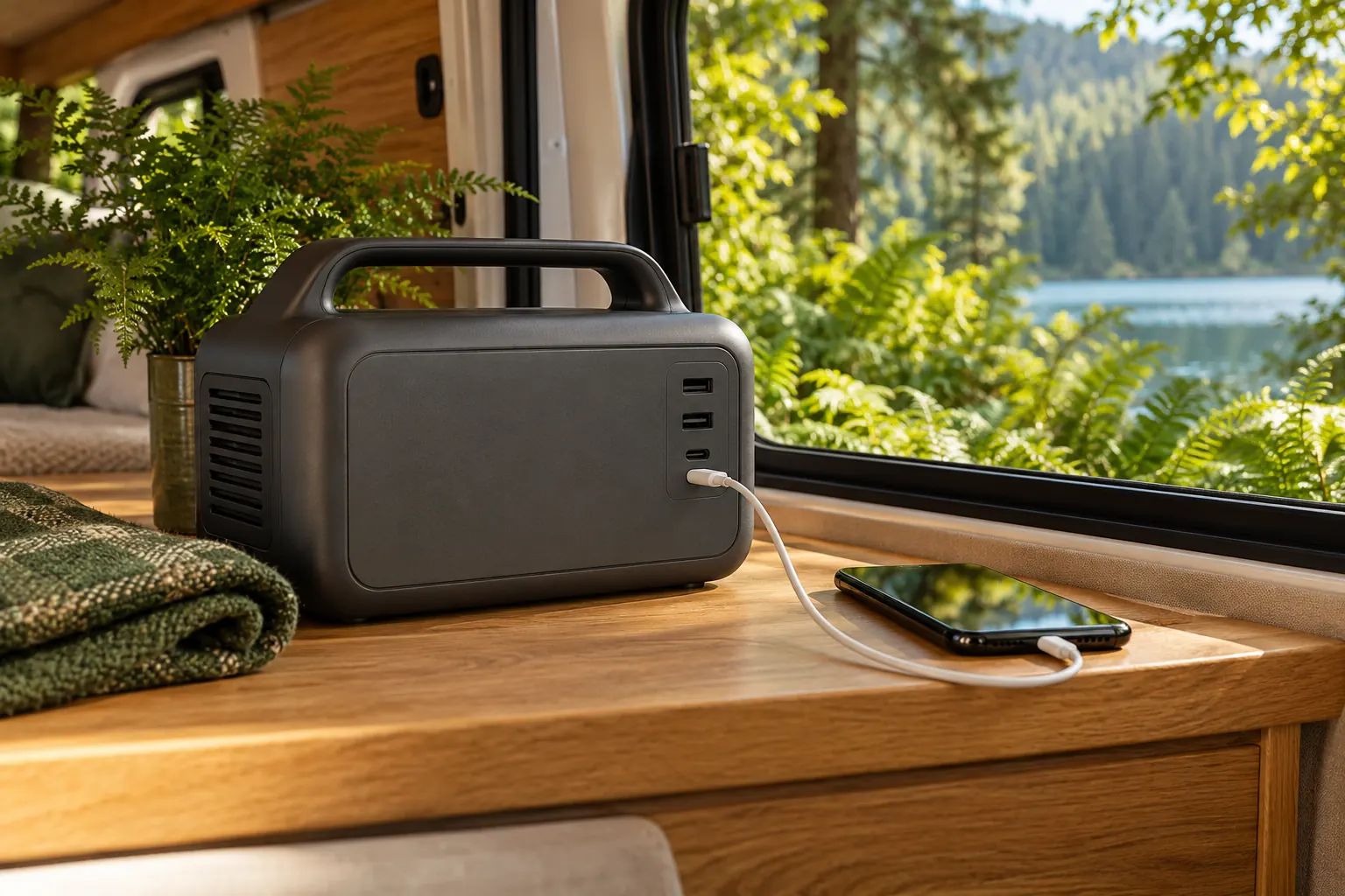 An unbranded portable power station on a campervan shelf with a phone charging from one of its USB sockets, beside a folded green blanket and a fern